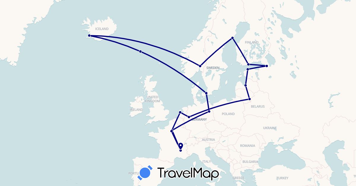 TravelMap itinerary: driving in Germany, Denmark, Estonia, Finland, Faroe Islands, France, Iceland, Lithuania, Latvia, Netherlands, Norway, Russia, Sweden (Europe)